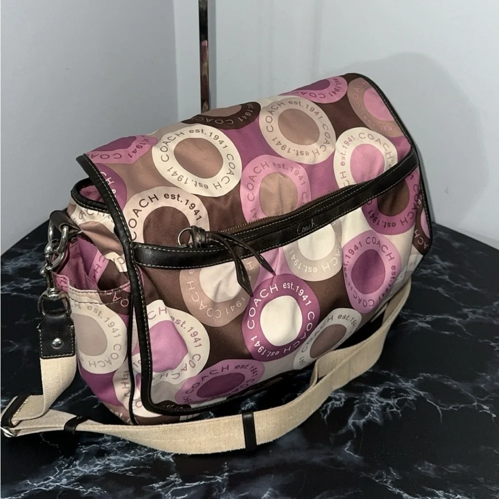 Coach Signature Snaphead F18377 Pink Multifunction Diaper Baby Messenger Bag Pad